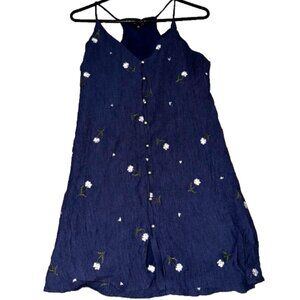 Francesca's Navy Blue Mini Dress - Floral Embroidery & Buttons - Size Medium VTG